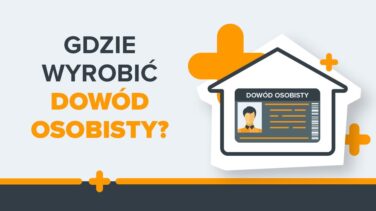 Ilustracja przedstawiająca dokument tożsamości w obrysie domu z pytaniem „Gdzie wyrobić dowód osobisty?”